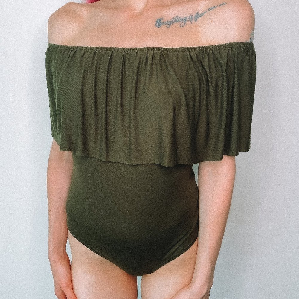 FashionNova Green Over The Shoulder Ruffle